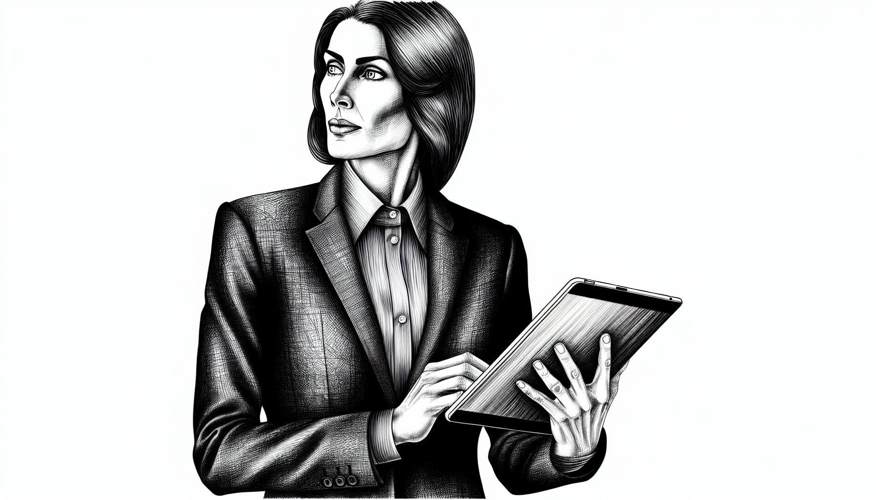 western woman in suit holding tablet